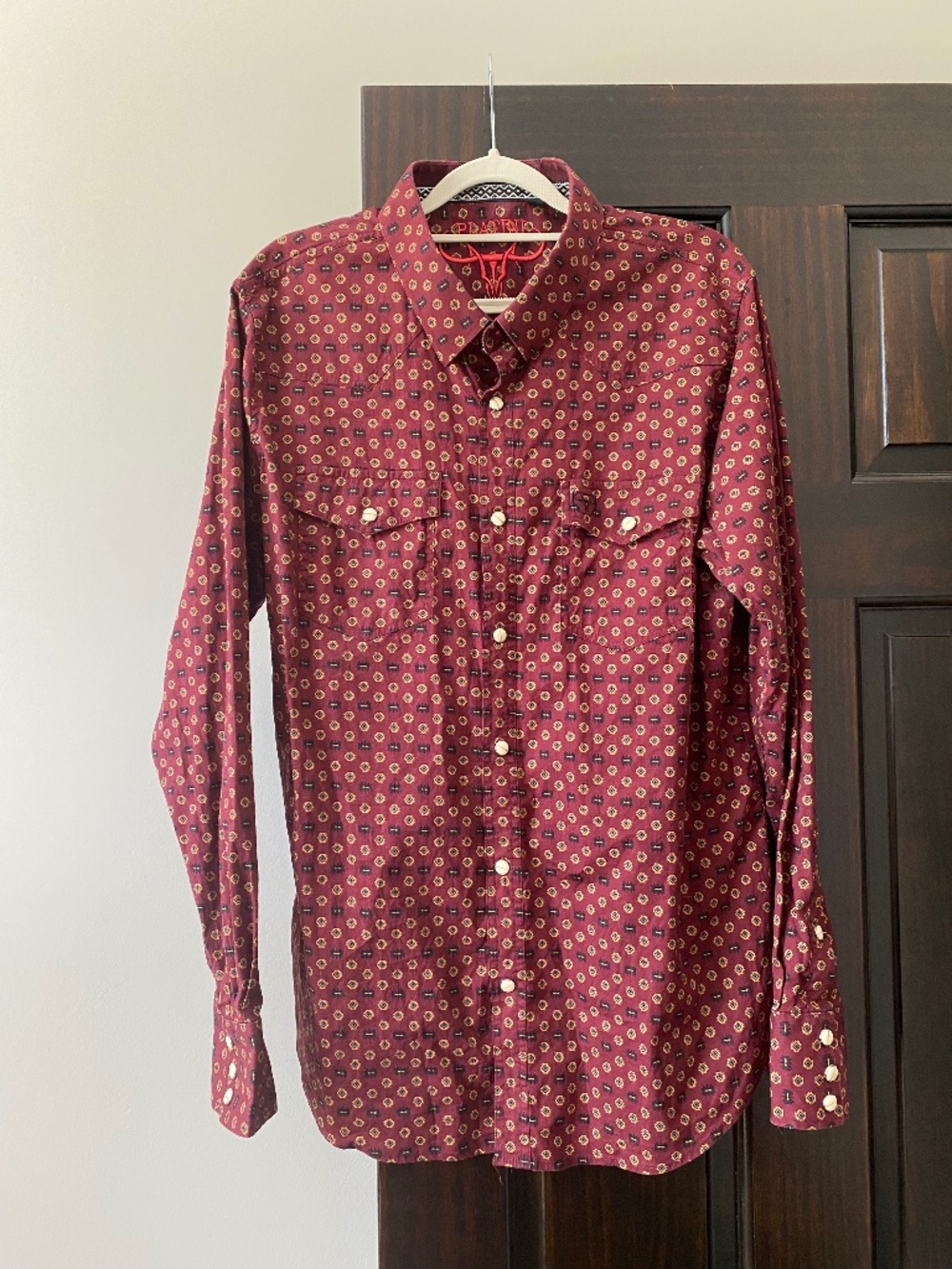Platini Jeans Western Snap Shirt Mens XL Burgundy Aztec Geometric Cowboy Rodeo